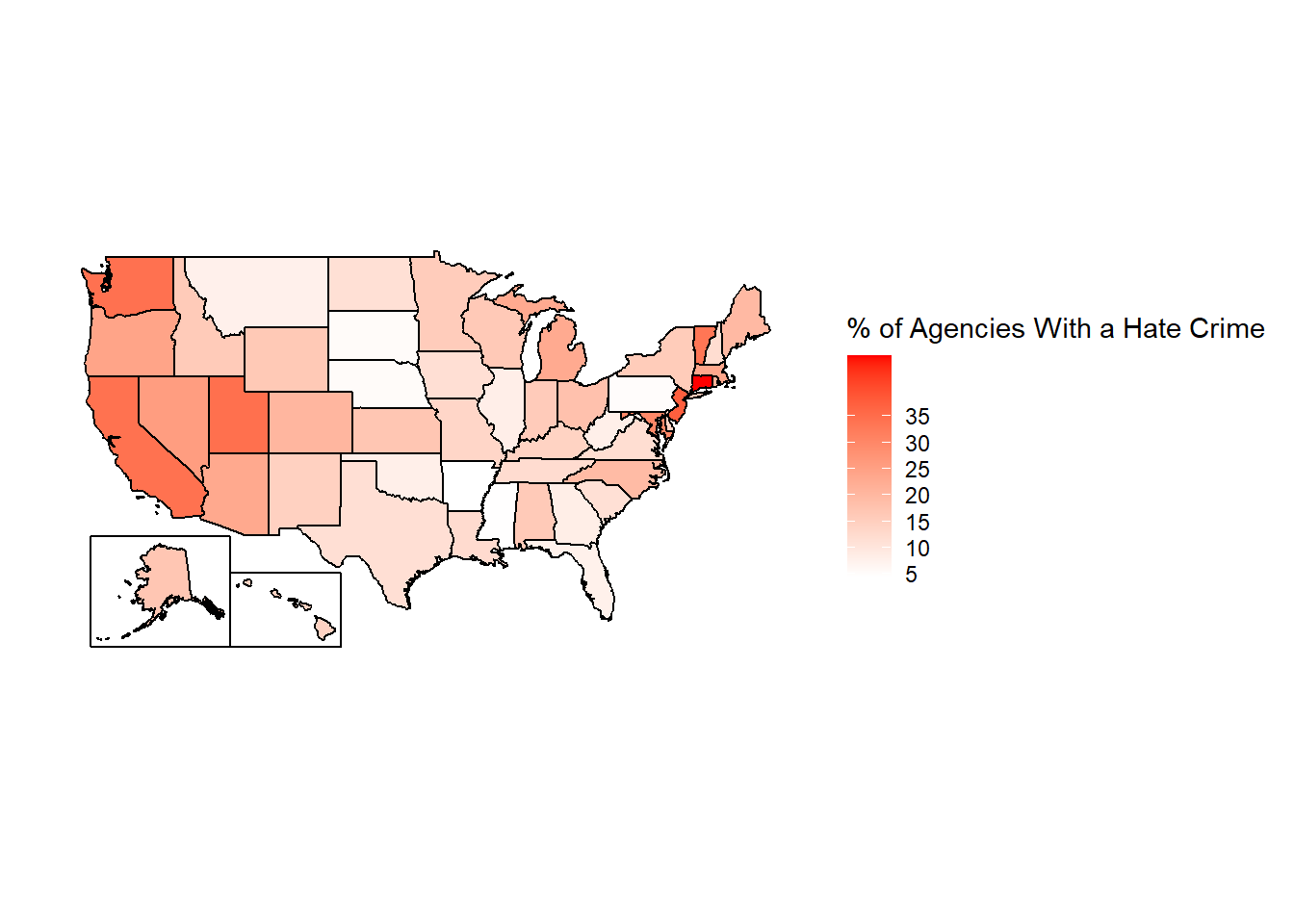 The percent of agencies in each state that reported at least one hate crime in 2022, excluding agencies covered by another agency.