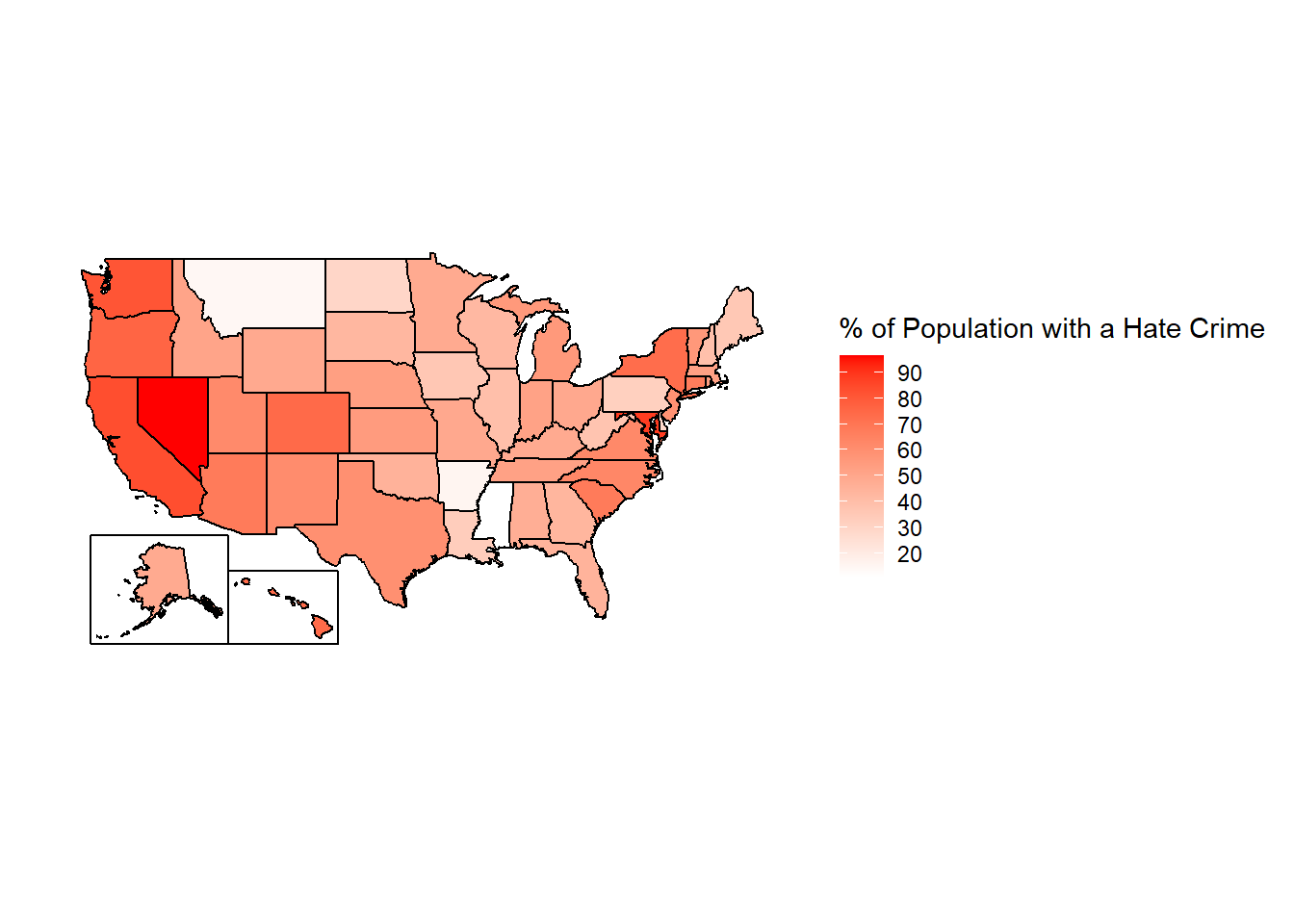 The percent of population in each state in agencies that reported at least one hate crime in 2022, excluding agencies that are covered by another agency.