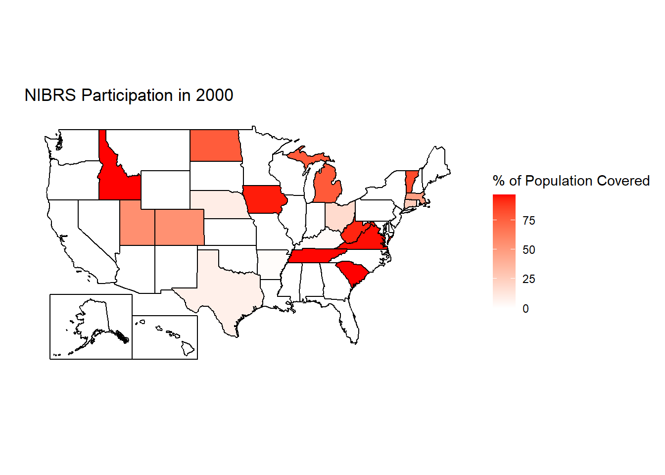 The percent of each state's population that is covered by police agencies reporting at least one month of data to NIBRS, 2000