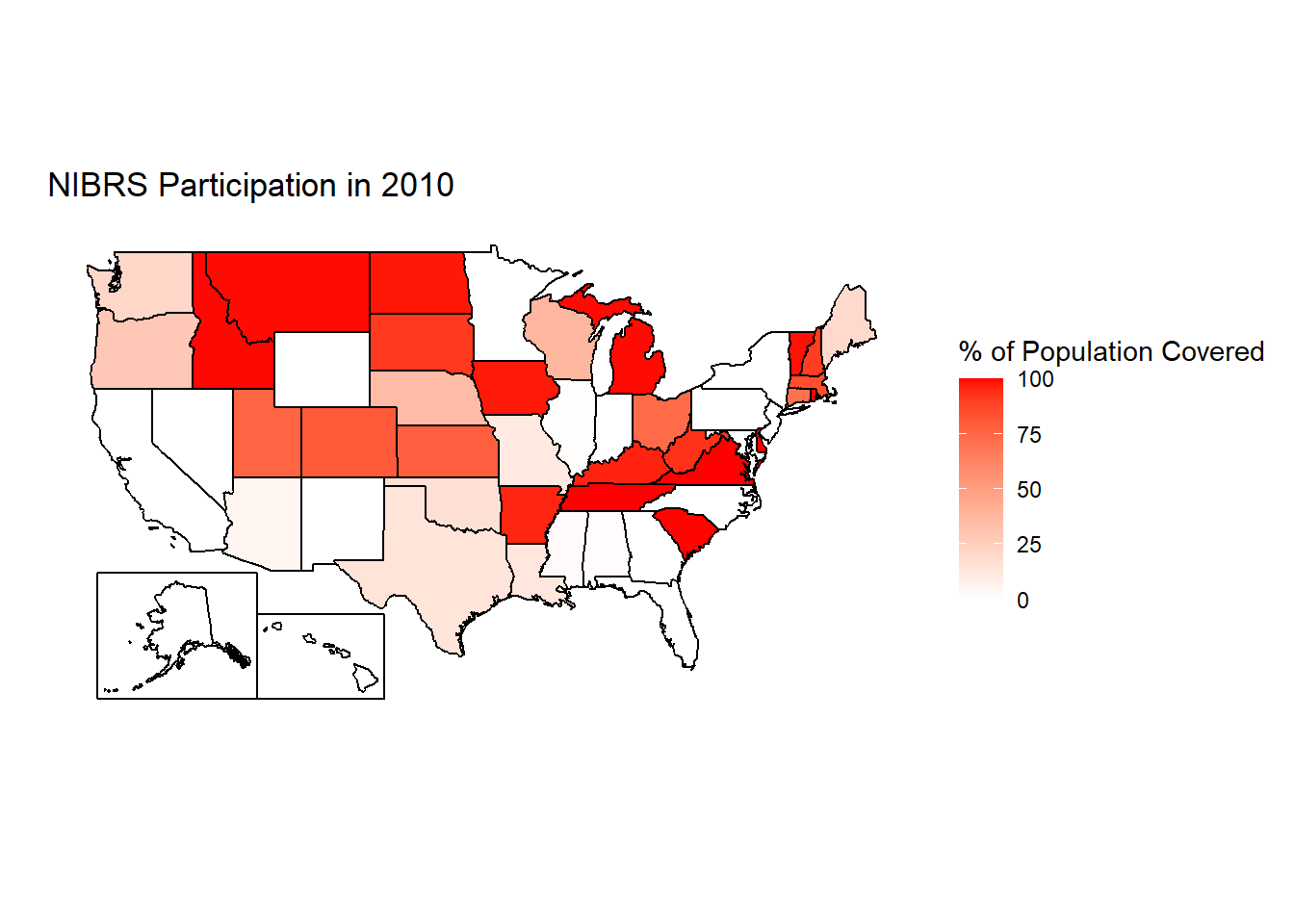 The percent of each state's population that is covered by police agencies reporting at least one month of data to NIBRS, 2010