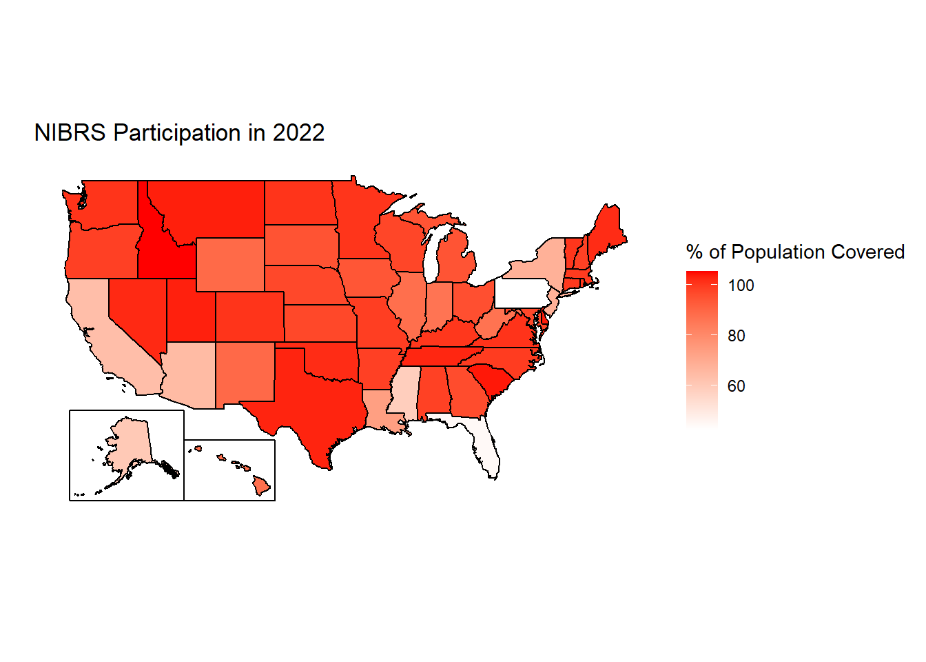 The percent of each state's population that is covered by police agencies reporting at least one month of data to NIBRS, 2023 (using 2022 ACS 5-year Census data)