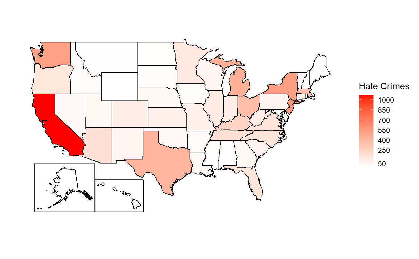Total reported hate crimes by state, 2018.